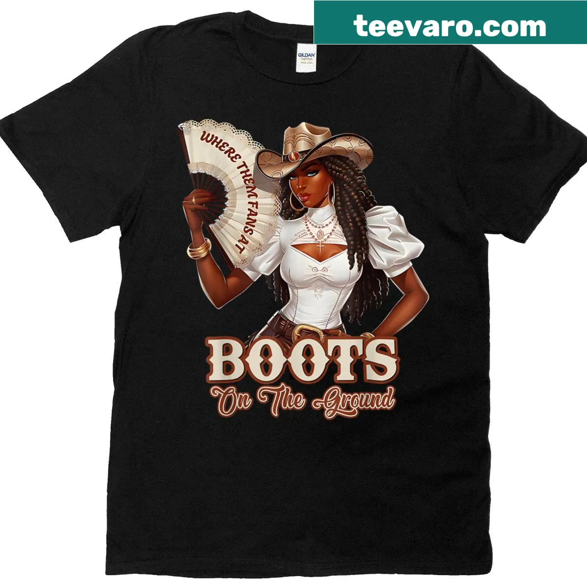 Cowgirl-themed Juneteenth t-shirt with playful graphics — on a men's t-shirt