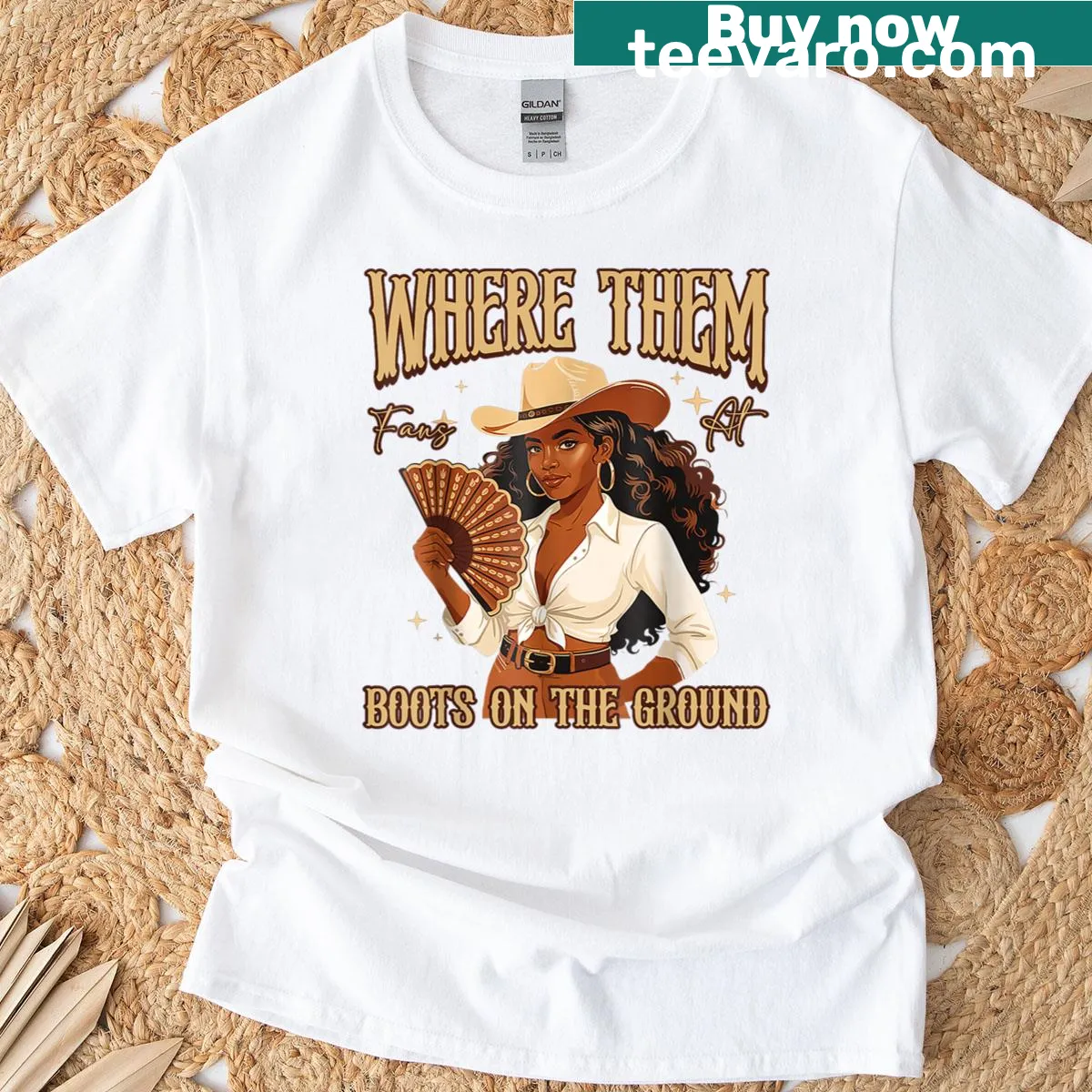 Funny cowgirl t-shirt with bold text about fans — on a men's t-shirt
