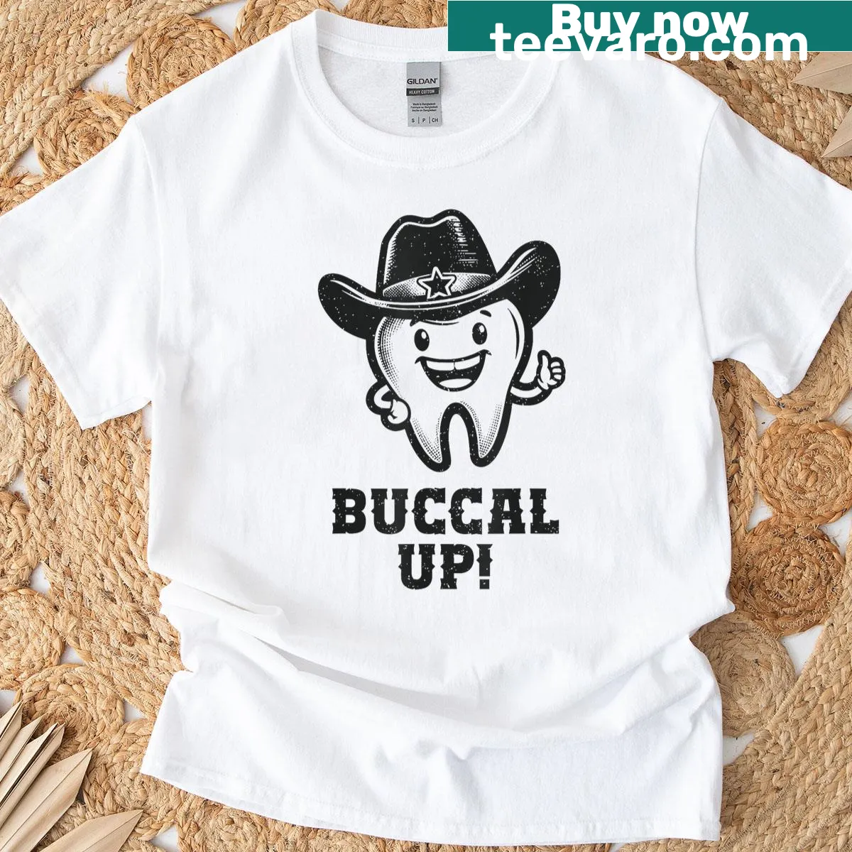 Funny dental-themed T-shirt with cartoon design — on a men's t-shirt