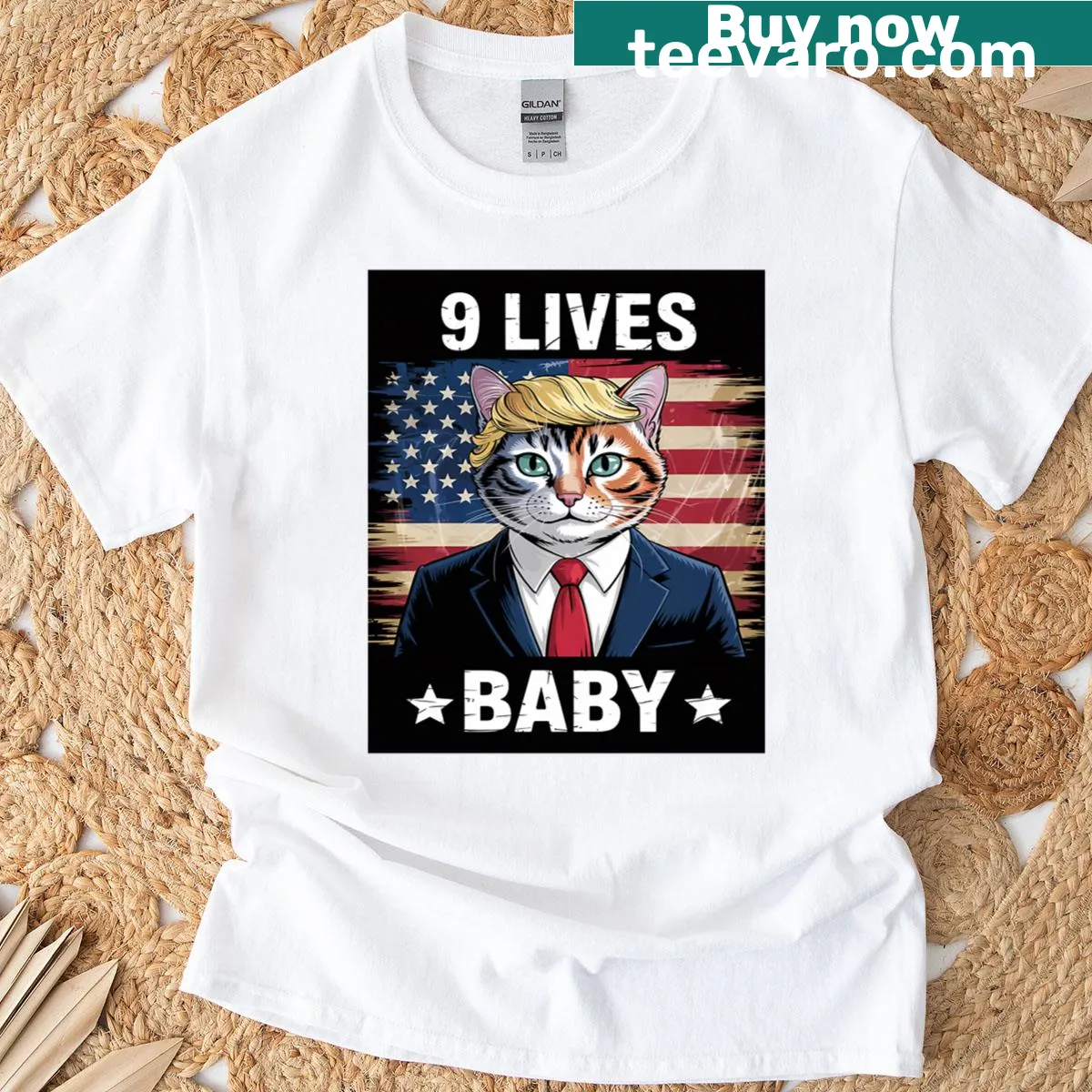 Cartoon cat with text '9 Lives' on a humorous T-shirt — on a men's t-shirt