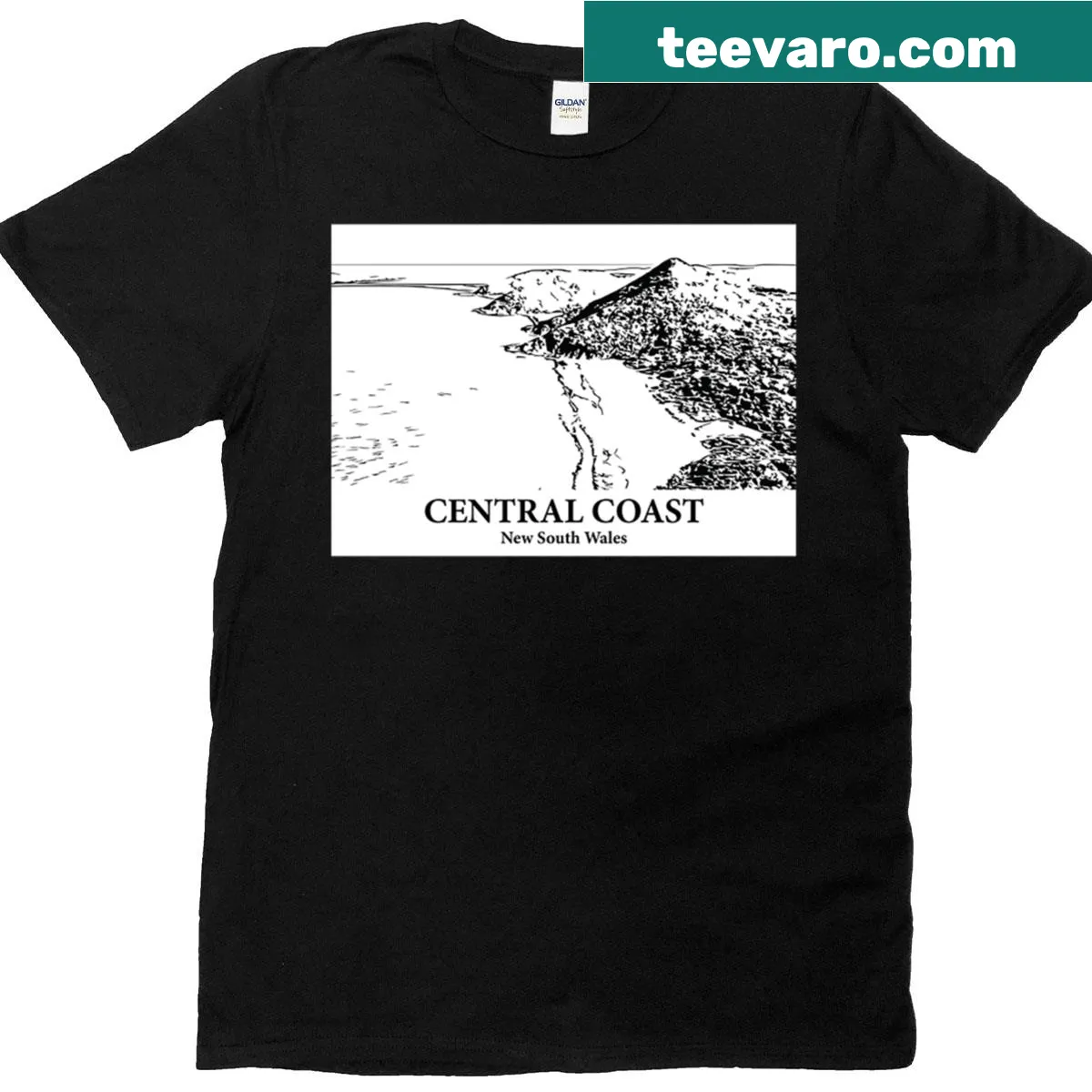 Illustrated Central Coast landscape graphic t-shirt — on a men's t-shirt