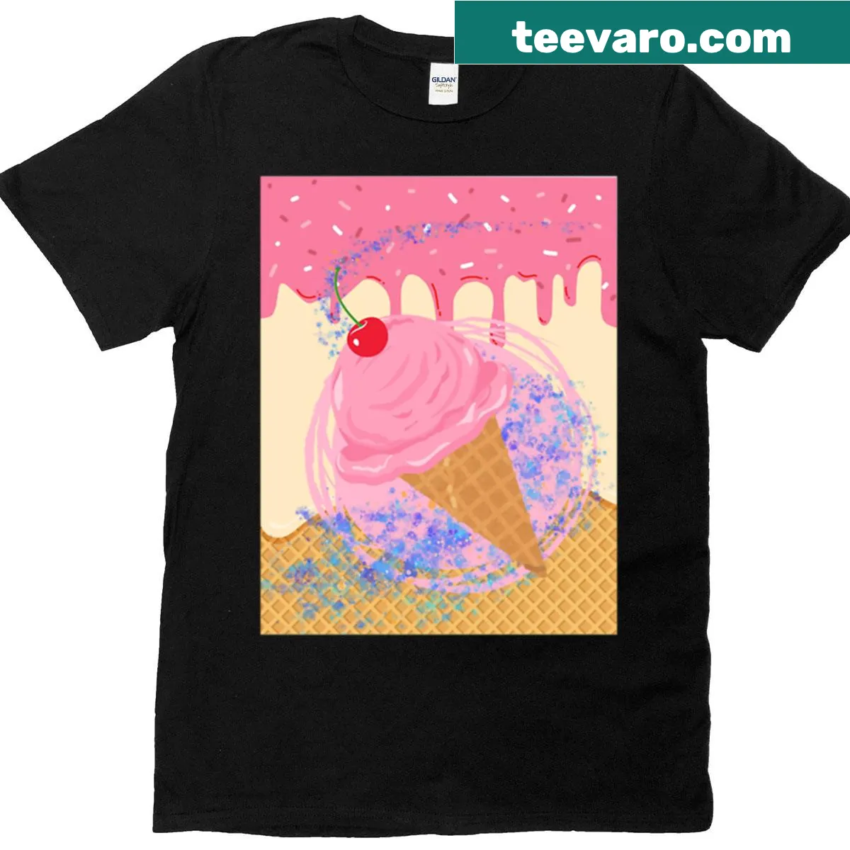 Whimsical Cherry Ice Cream graphic T-shirt with colorful illustration — on a men's t-shirt