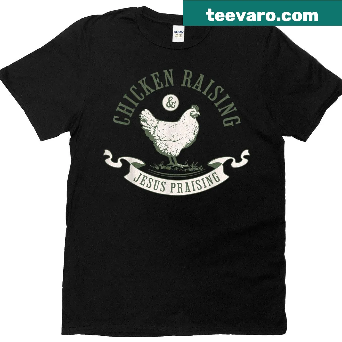 Inspirational t-shirt with a humorous faith-based phrase about chicken and Jesus — on a men's t-shirt
