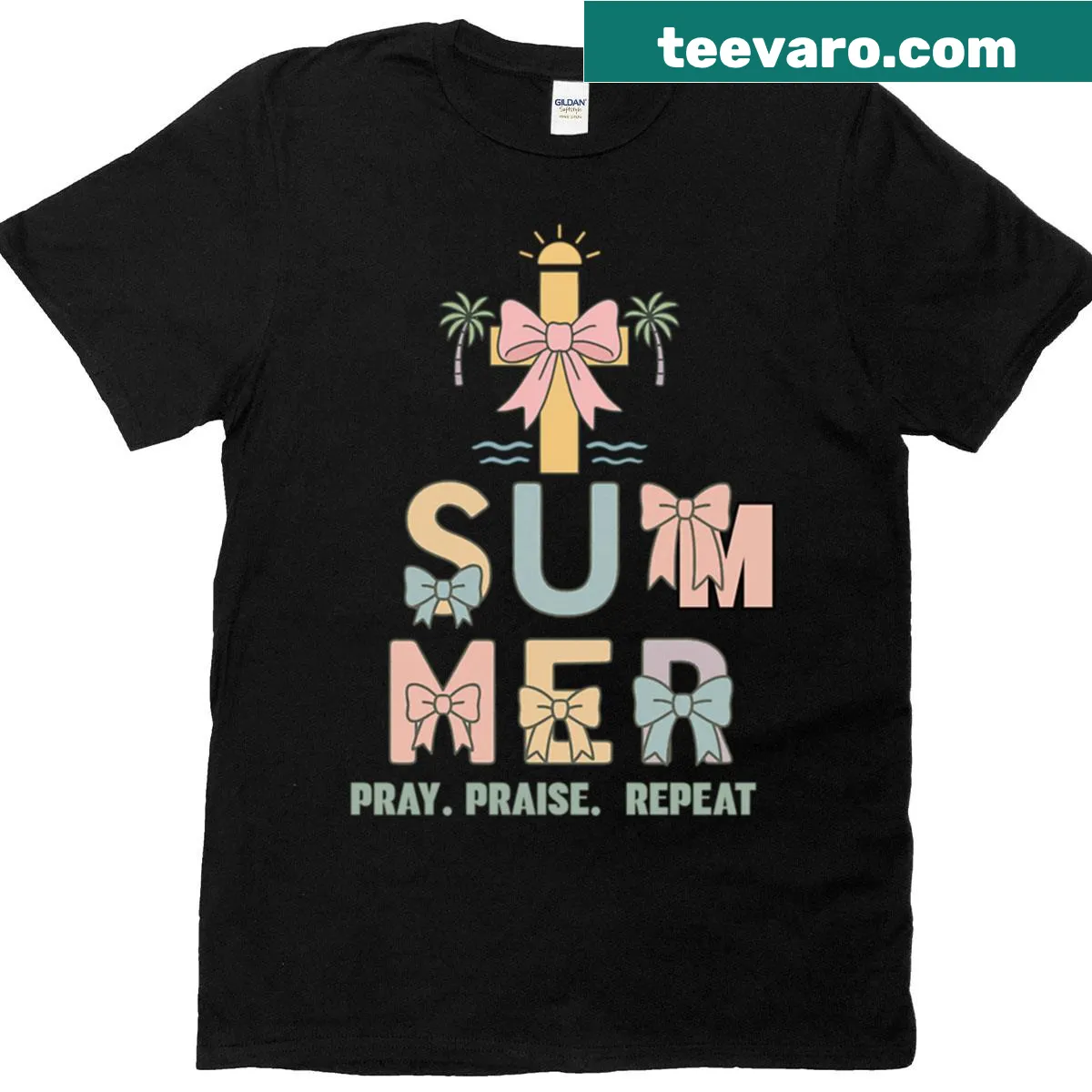 Faith T-shirt with 'Pray Praise Repeat' and cross design. — on a men's t-shirt