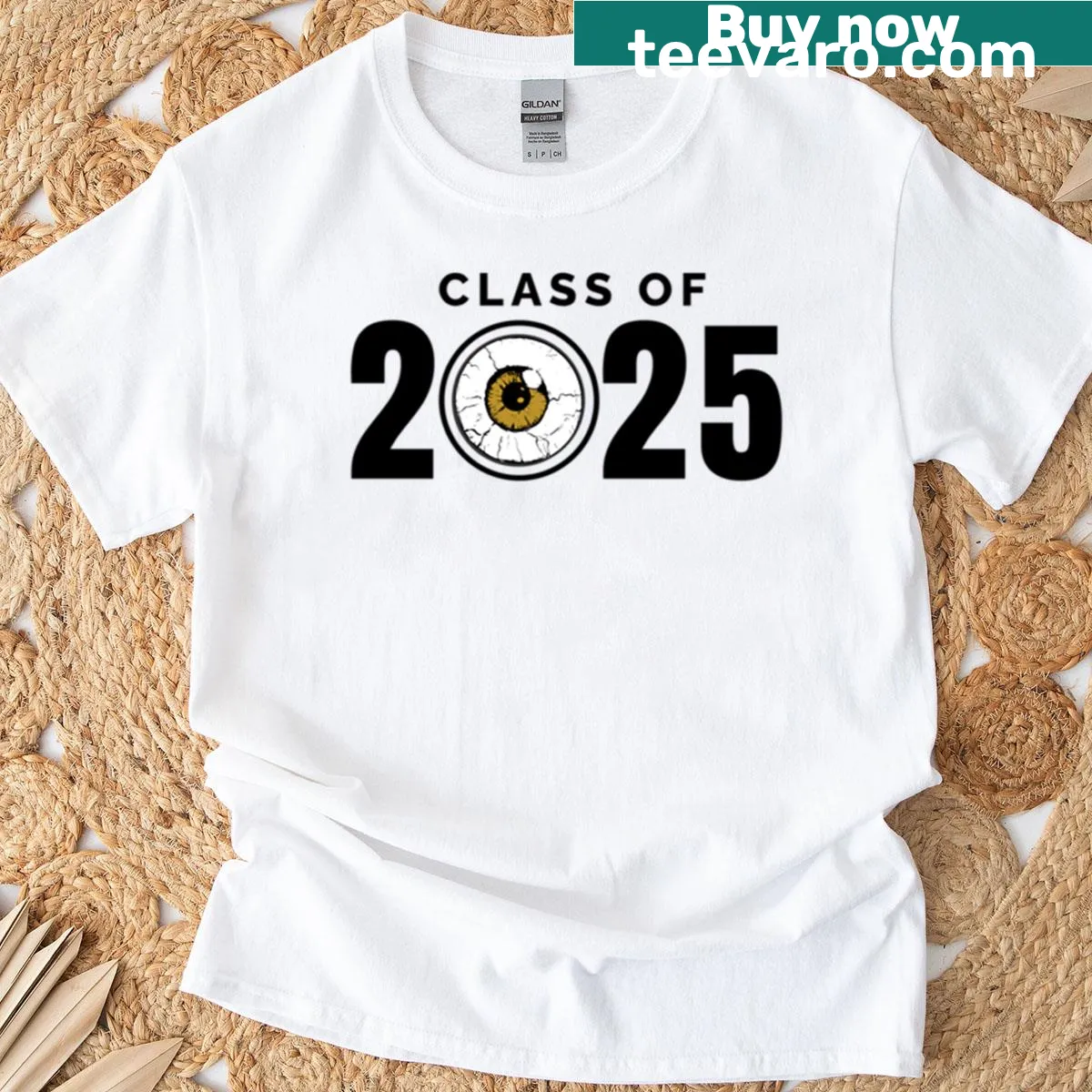 Oversized t-shirt celebrating Class of 2025 with playful sticker graphics — on a men's t-shirt