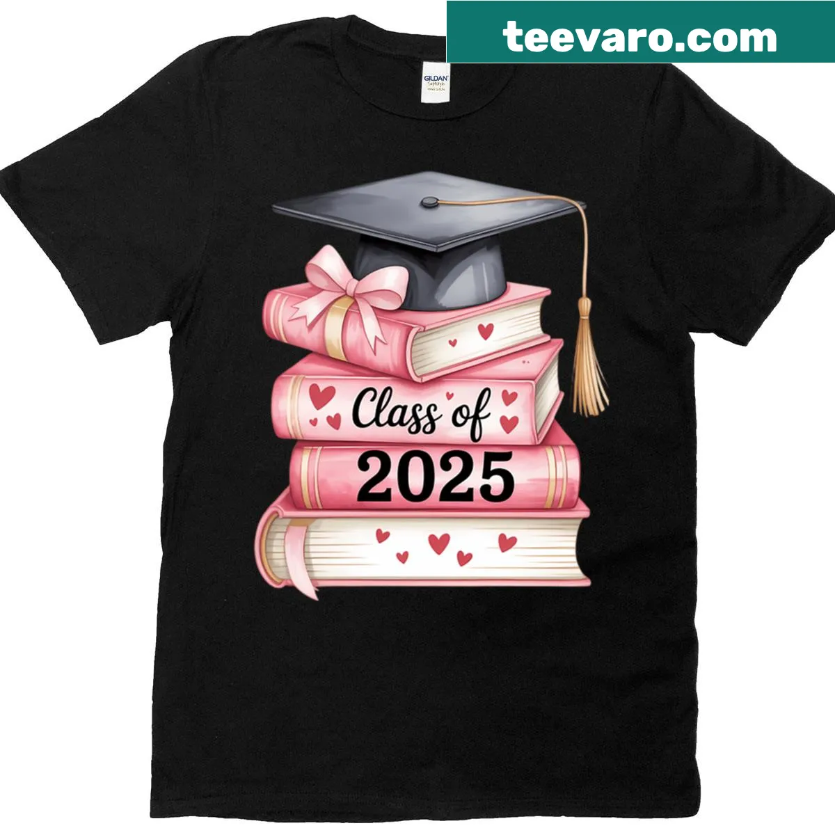 Graduation T-shirt celebrating Class of 2025 with cap and book design — on a men's t-shirt