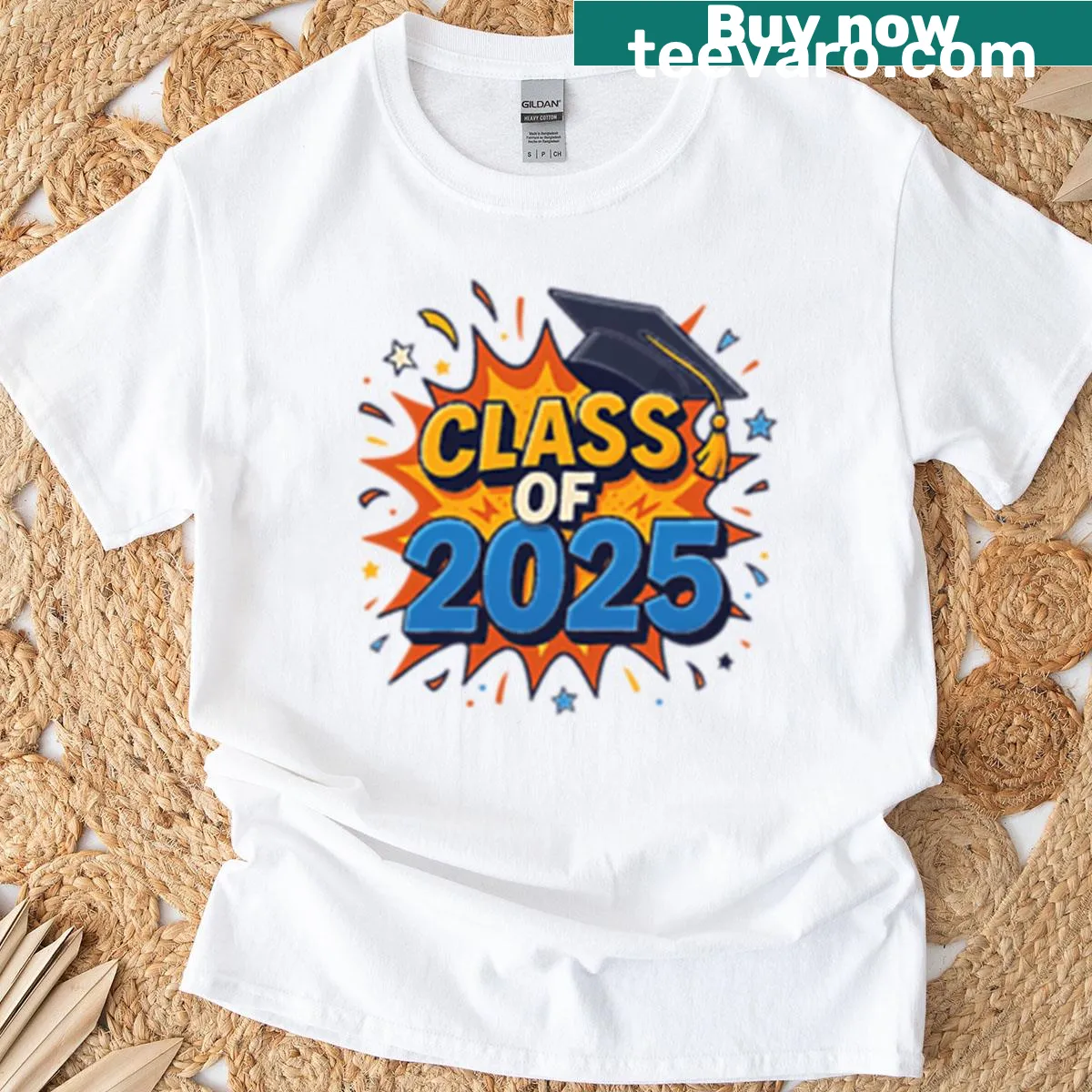 Oversized Class Of 2025 graduation t-shirt with explosion graphic — on a men's t-shirt