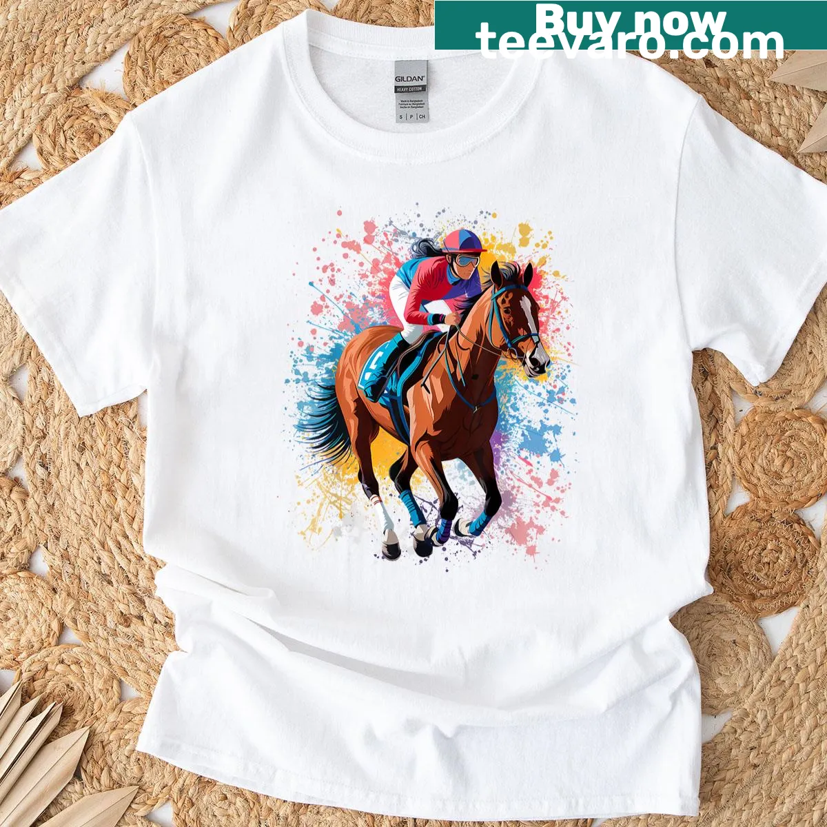 Dynamic horse racing design featuring a jockey girl — on a men's t-shirt