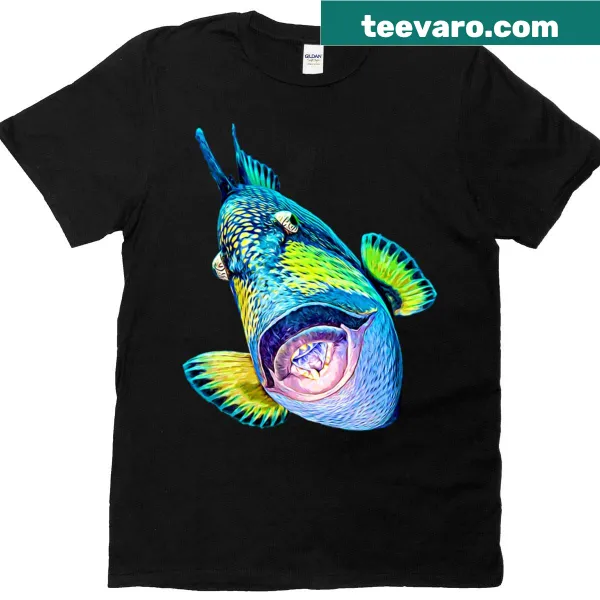 Illustrative T-shirt featuring a colorful triggerfish design