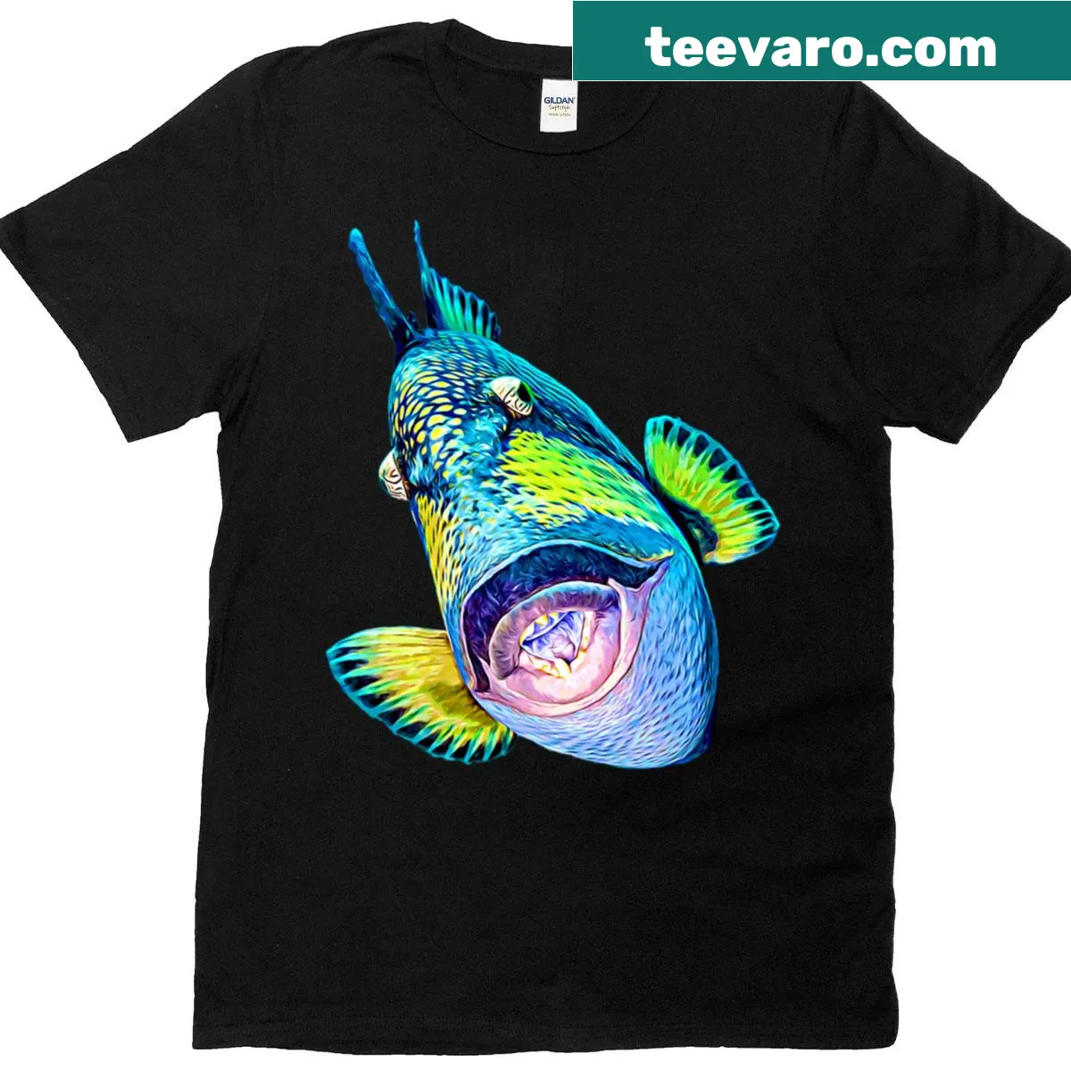 Illustrative T-shirt featuring a colorful triggerfish design — on a men's t-shirt
