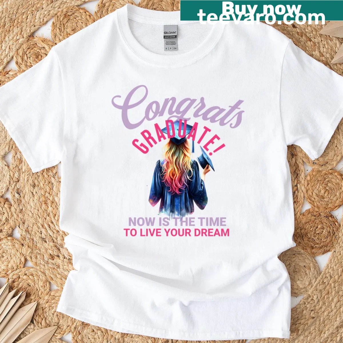 Oversized t-shirt celebrating graduation with rainbow hair girl illustration — on a men's t-shirt