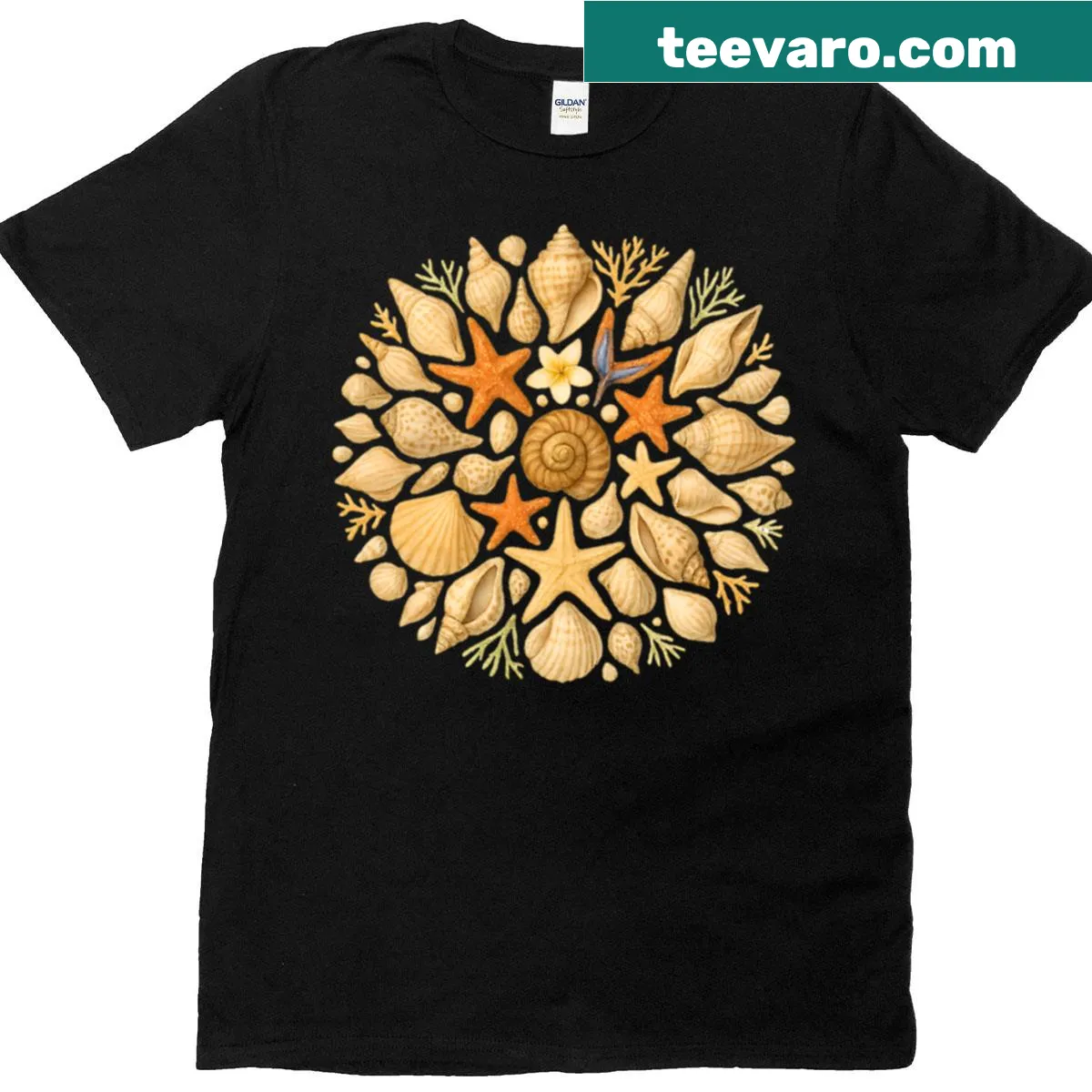 Mandala design featuring ocean shells on oversized t-shirt — on a men's t-shirt
