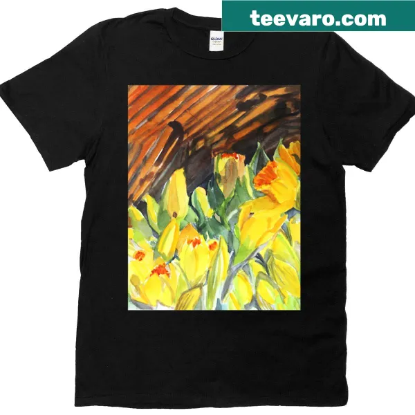 Artistic illustration of wilting parrot tulips on a t-shirt