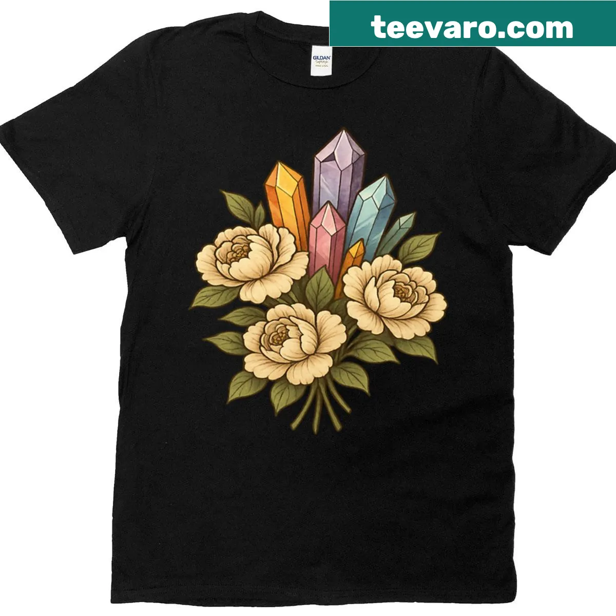 T-shirt featuring floral and crystal illustrations, celebrating nature's beauty. — on a men's t-shirt