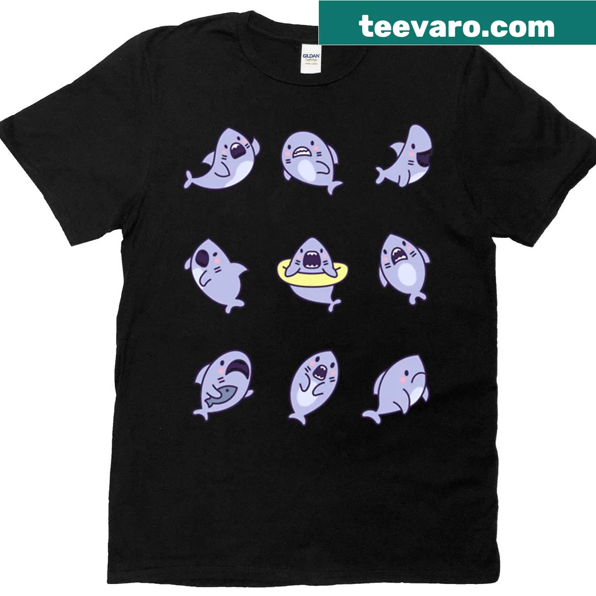 Cute T-shirt featuring a collection of kawaii sharks, perfect for kids. — on a men's t-shirt