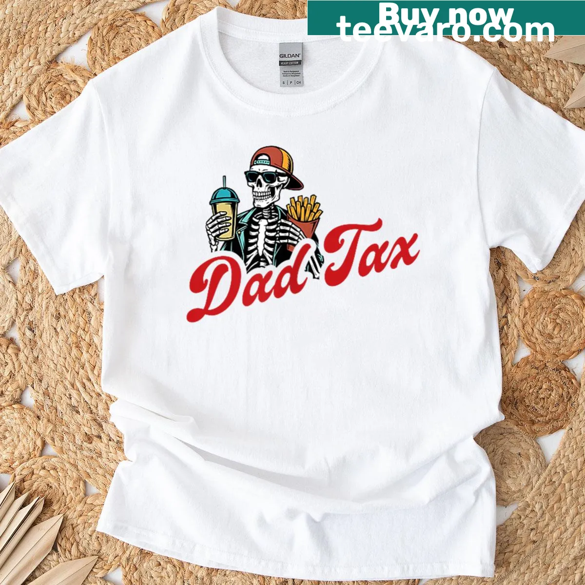 Funny skeleton graphic on Dad Tax t-shirt with witty text — on a men's t-shirt