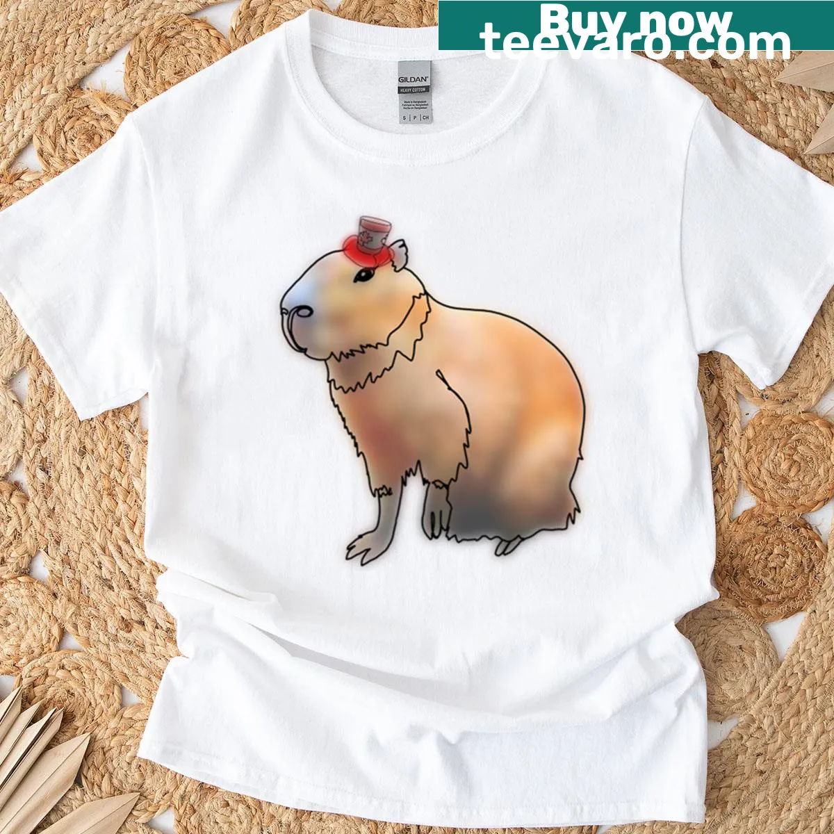 Funny capybara t-shirt with Canadian top hat graphic — on a men's t-shirt