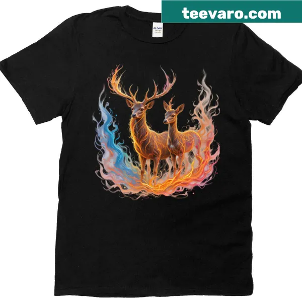 T-shirt featuring playful deer surrounded by flames in a whimsical design.
