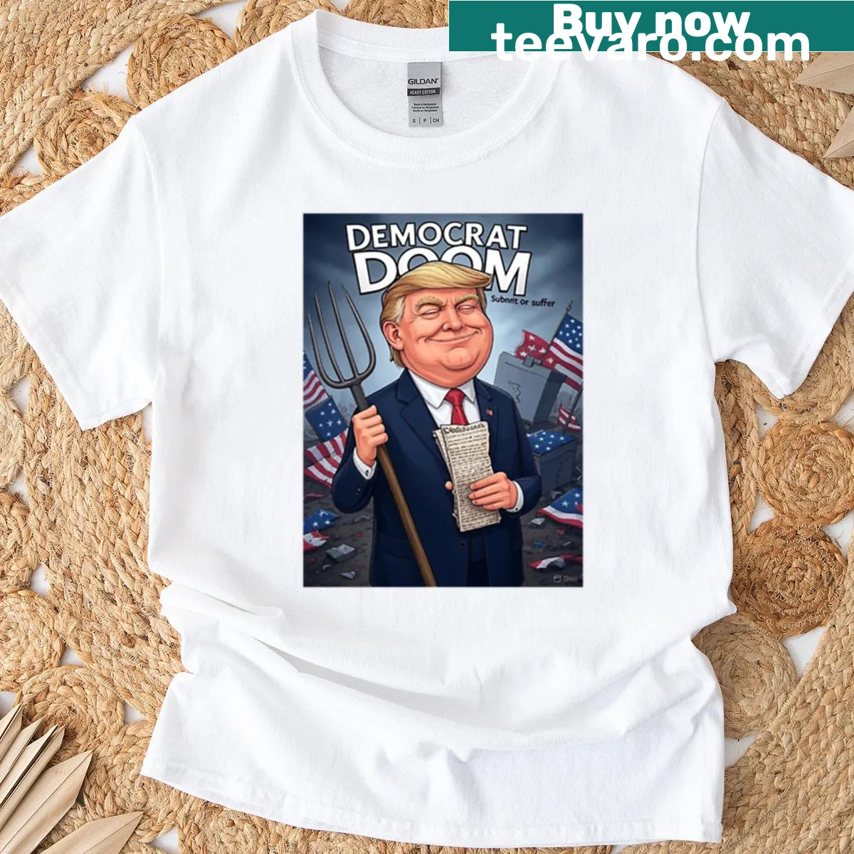 T-shirt with bold letters declaring 'Democrat Doom.' — on a men's t-shirt