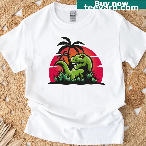 Oversized T-shirt with an angry dinosaur graphic on the beach
