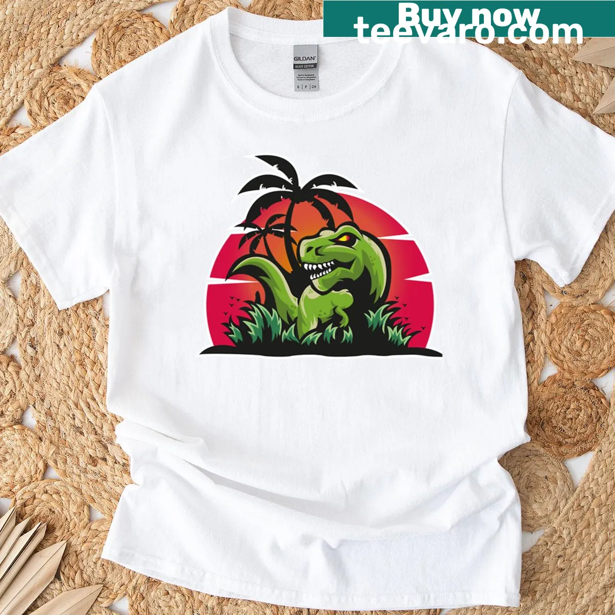 Oversized T-shirt with an angry dinosaur graphic on the beach — on a men's t-shirt