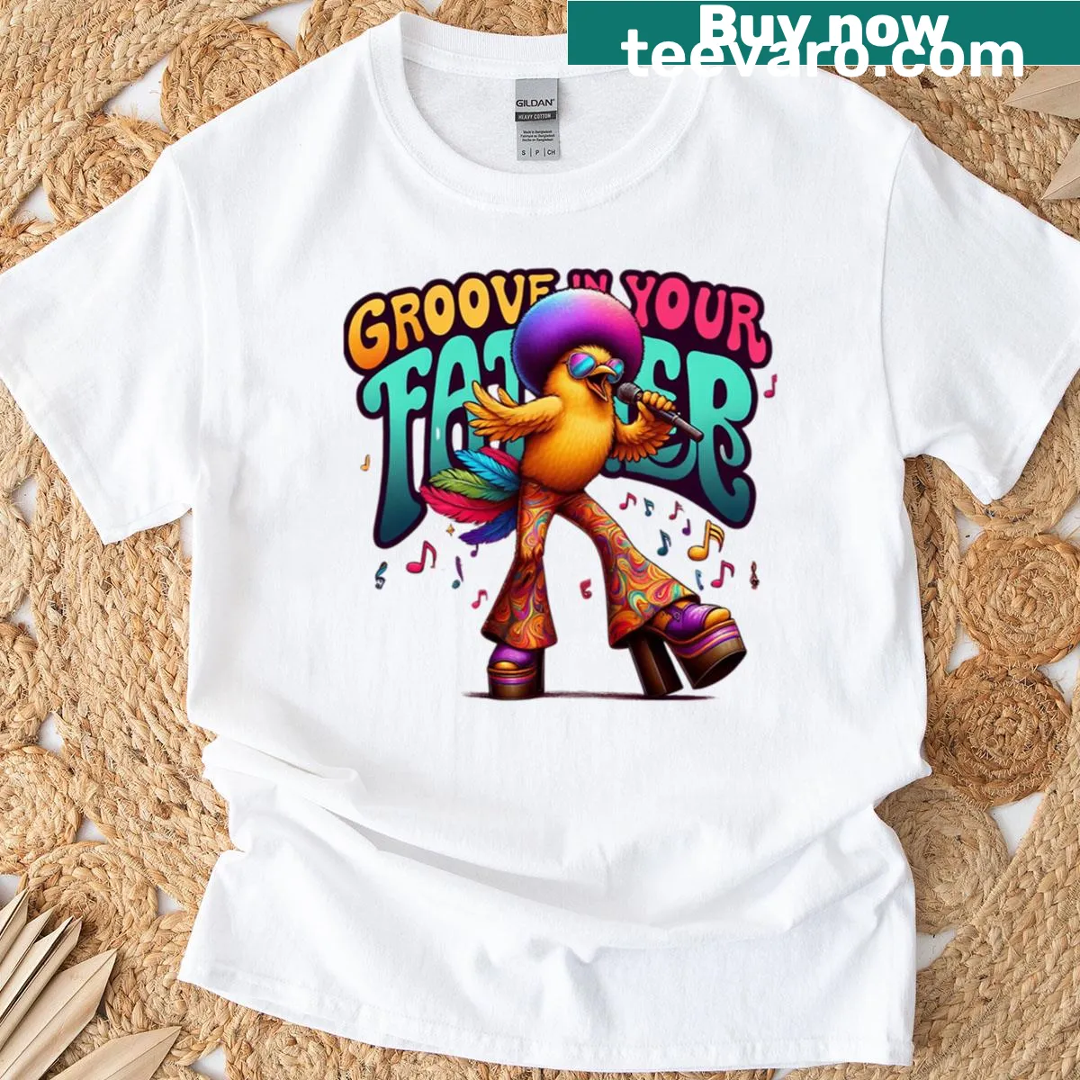 Retro funky bird art T-shirt for music lovers. — on a men's t-shirt