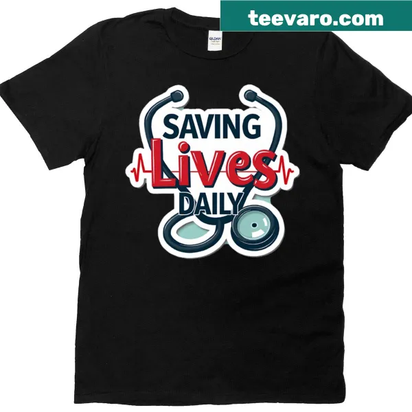 Doctor-themed t-shirt with sticker-style graphic illustrating saving lives
