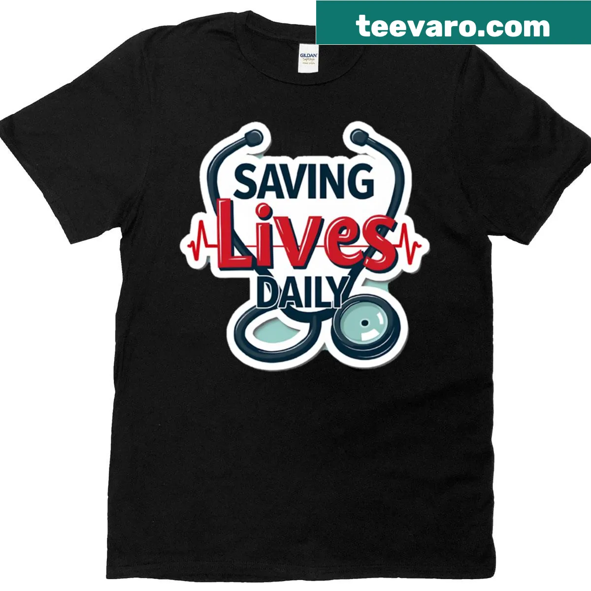 Doctor-themed t-shirt with sticker-style graphic illustrating saving lives — on a men's t-shirt