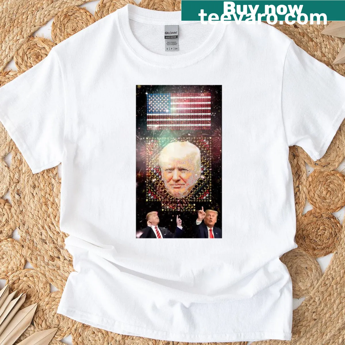 Emoji tribute T-shirt with Donald Trump portrait and patriotic flag design. — on a men's t-shirt