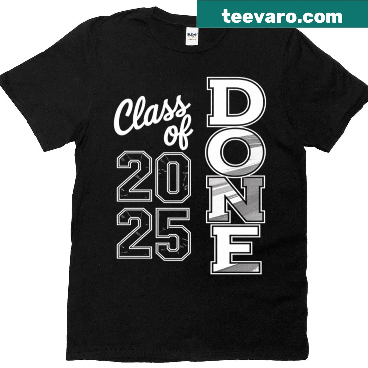 Graduation t-shirt with bold 'Done' text for Class of 2025 — on a men's t-shirt