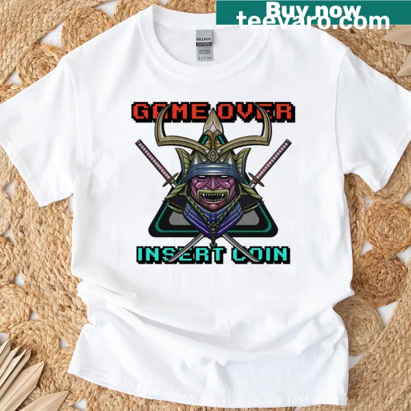 Edgy T-shirt with a cyberpunk samurai graphic and arcade gaming theme