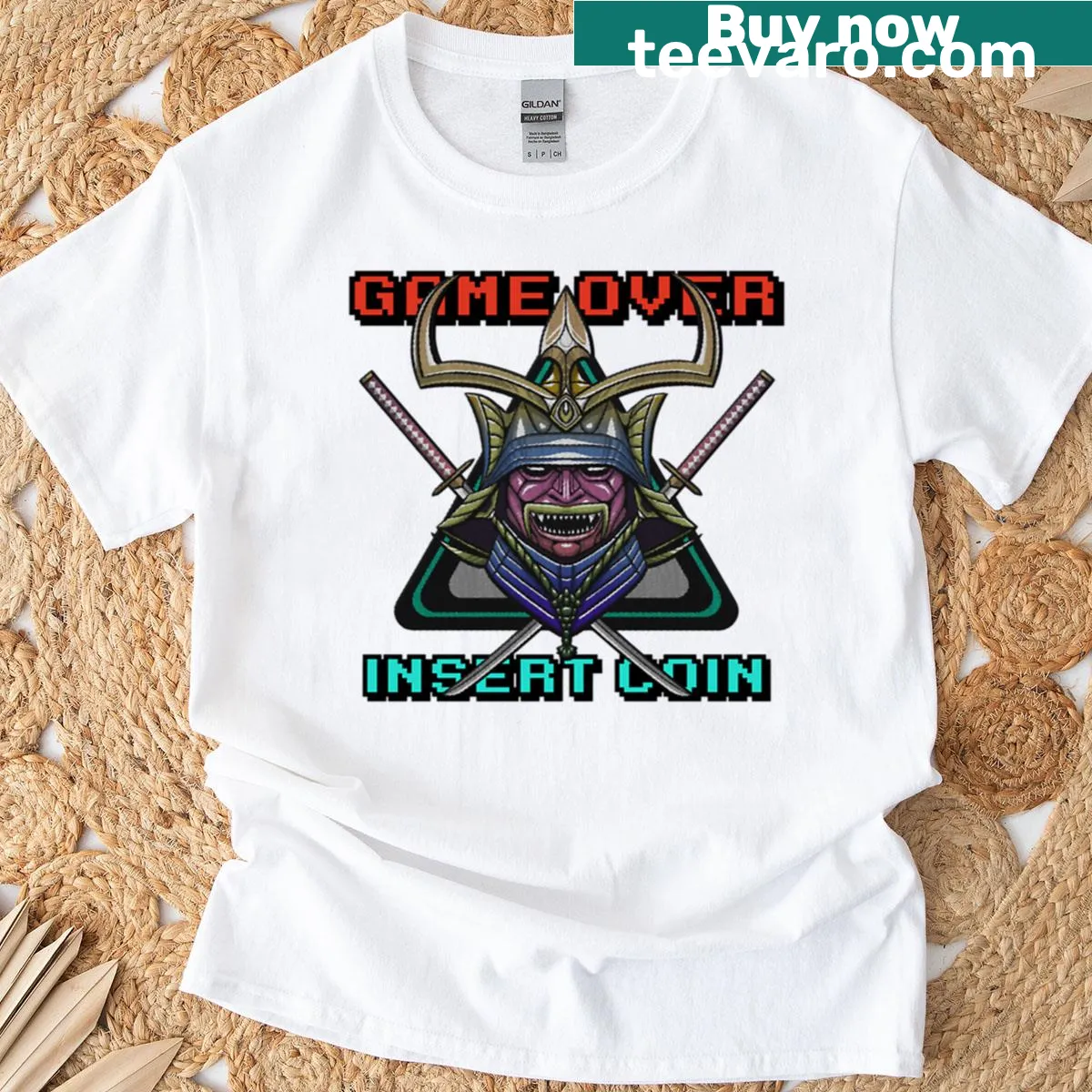 Edgy T-shirt with a cyberpunk samurai graphic and arcade gaming theme — on a men's t-shirt