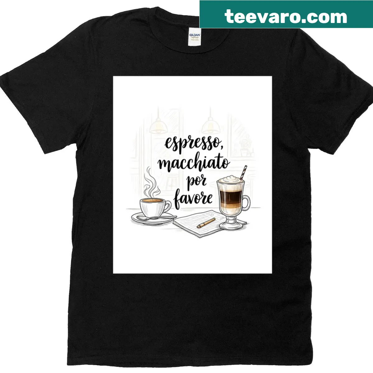Playful graphic T-shirt featuring an espresso macchiato illustration — on a men's t-shirt