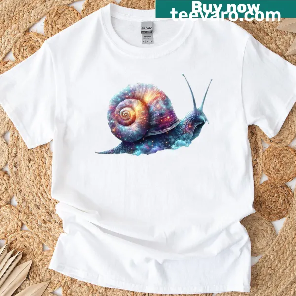 Oversized t-shirt with whimsical snail design in a dreamy nebula
