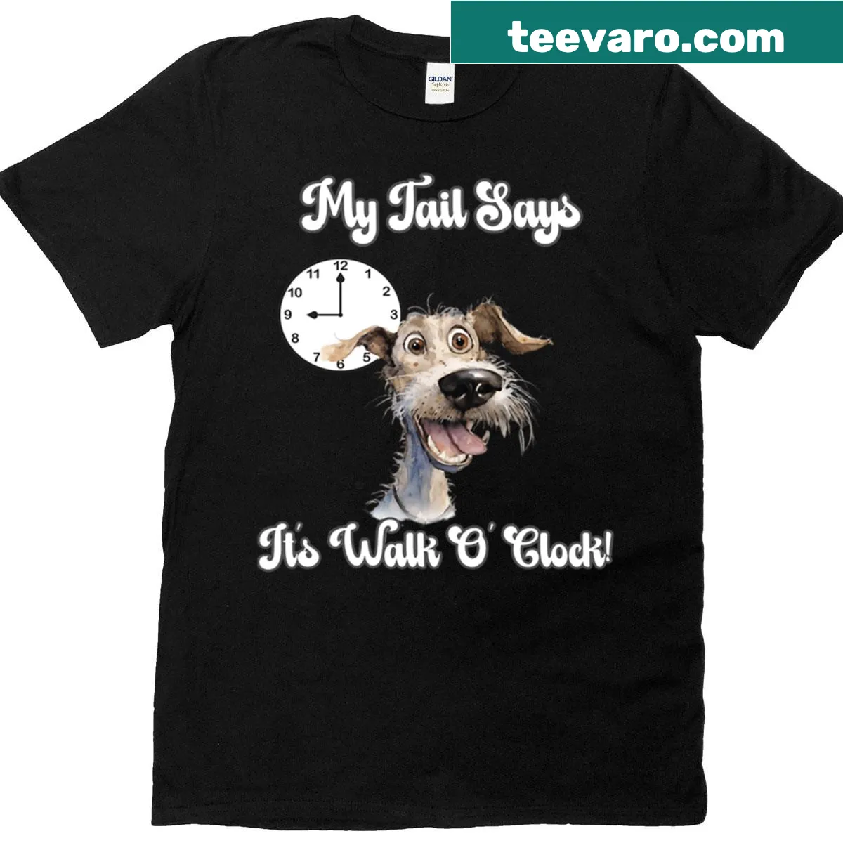Funny T-shirt with 'Excited Dog Says Its Walk Oclock' text — on a men's t-shirt