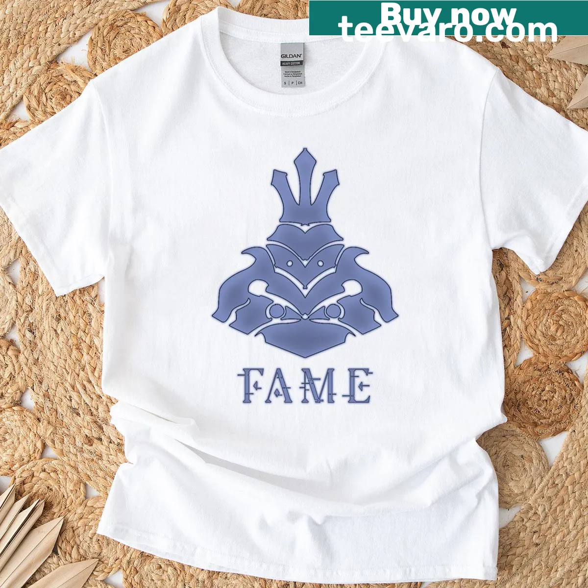 Bold typography design featuring Fame Guild text on a T-shirt — on a men's t-shirt