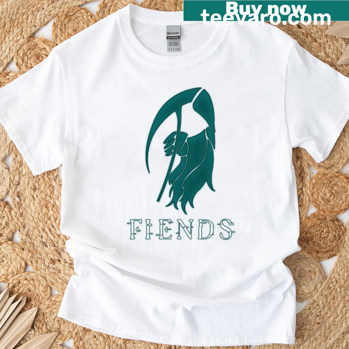 Bold typography representing Fiends Guild on a T-shirt — on a men's t-shirt