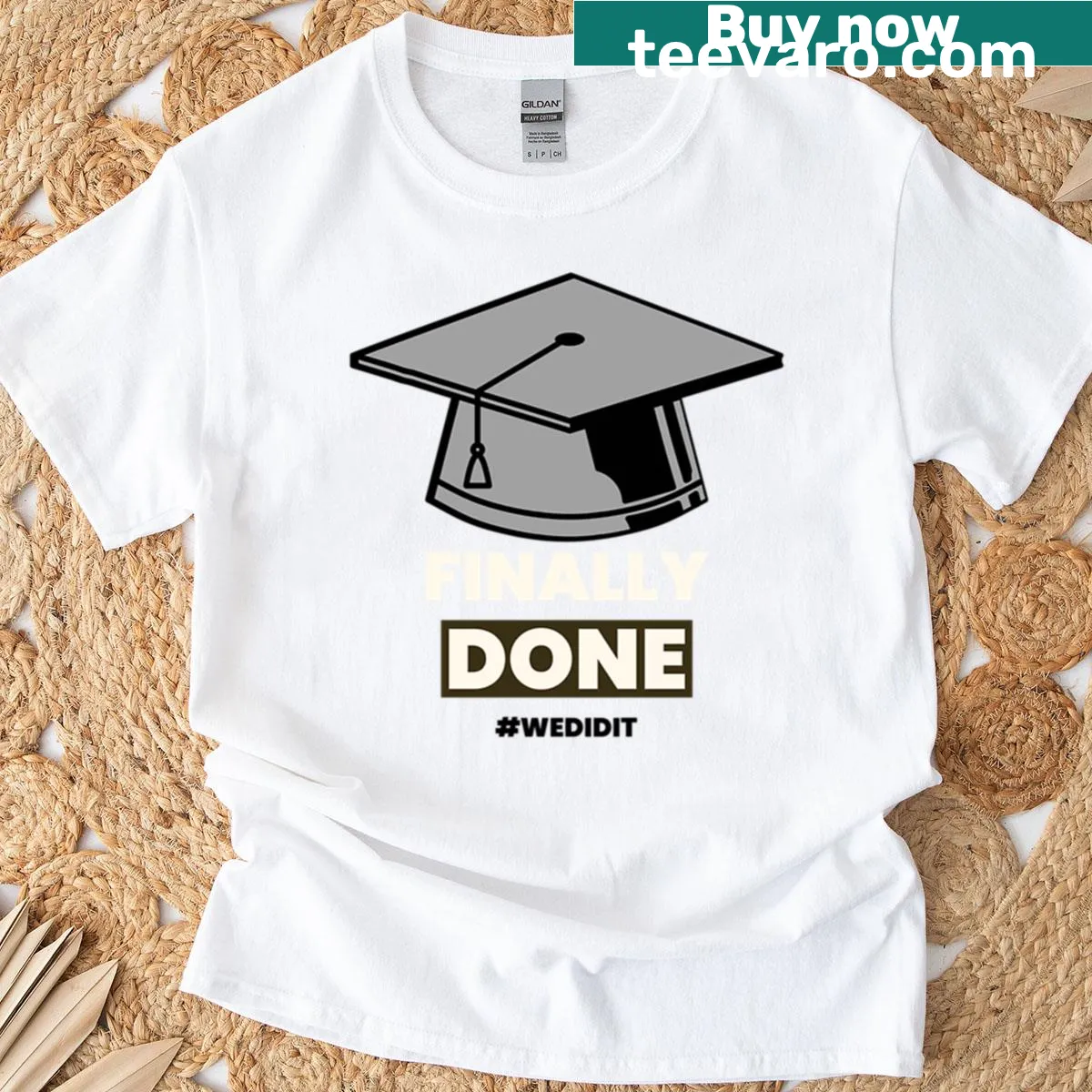 Graduation T-shirt with 'Finally Done' text design — on a men's t-shirt