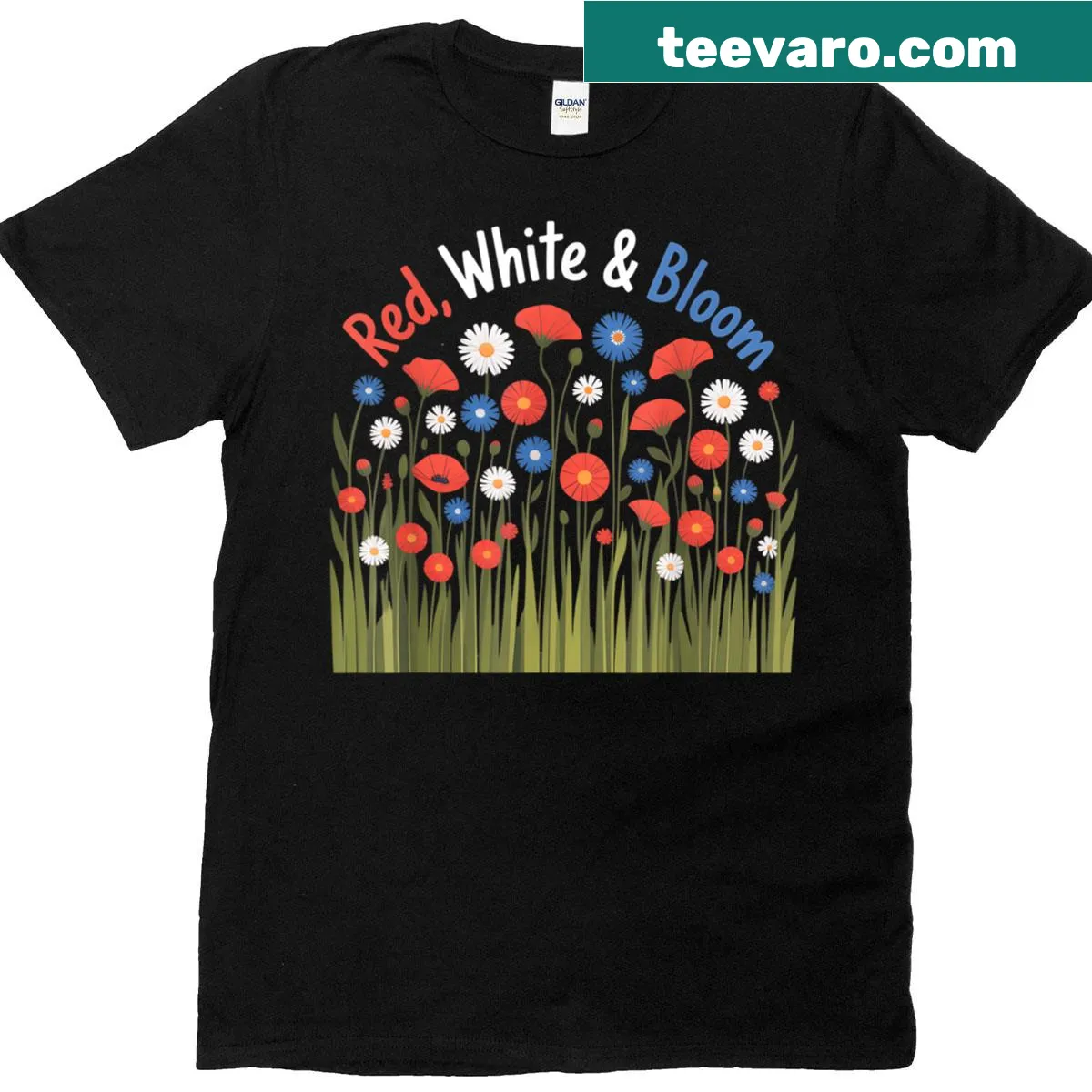 Patriotic floral design with red, white, and blue flowers on T-shirt — on a men's t-shirt