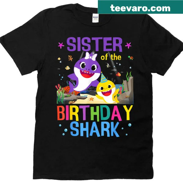 Shark-themed birthday tee for siblings with funny illustration