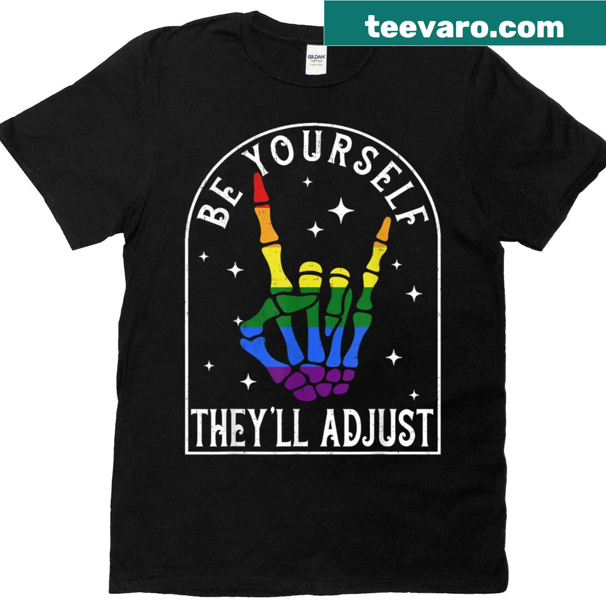 Skeleton hand T-shirt celebrating LGBTQ Pride with humor. — on a men's t-shirt