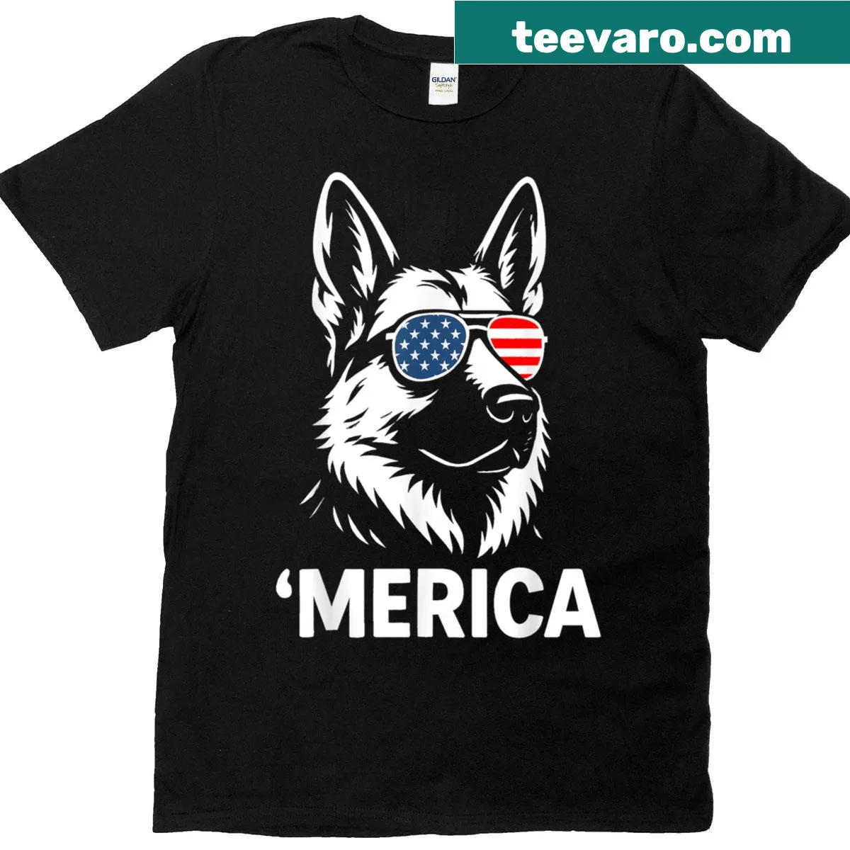 Patriotic German Shepherd T-shirt celebrating the Fourth of July. — on a men's t-shirt