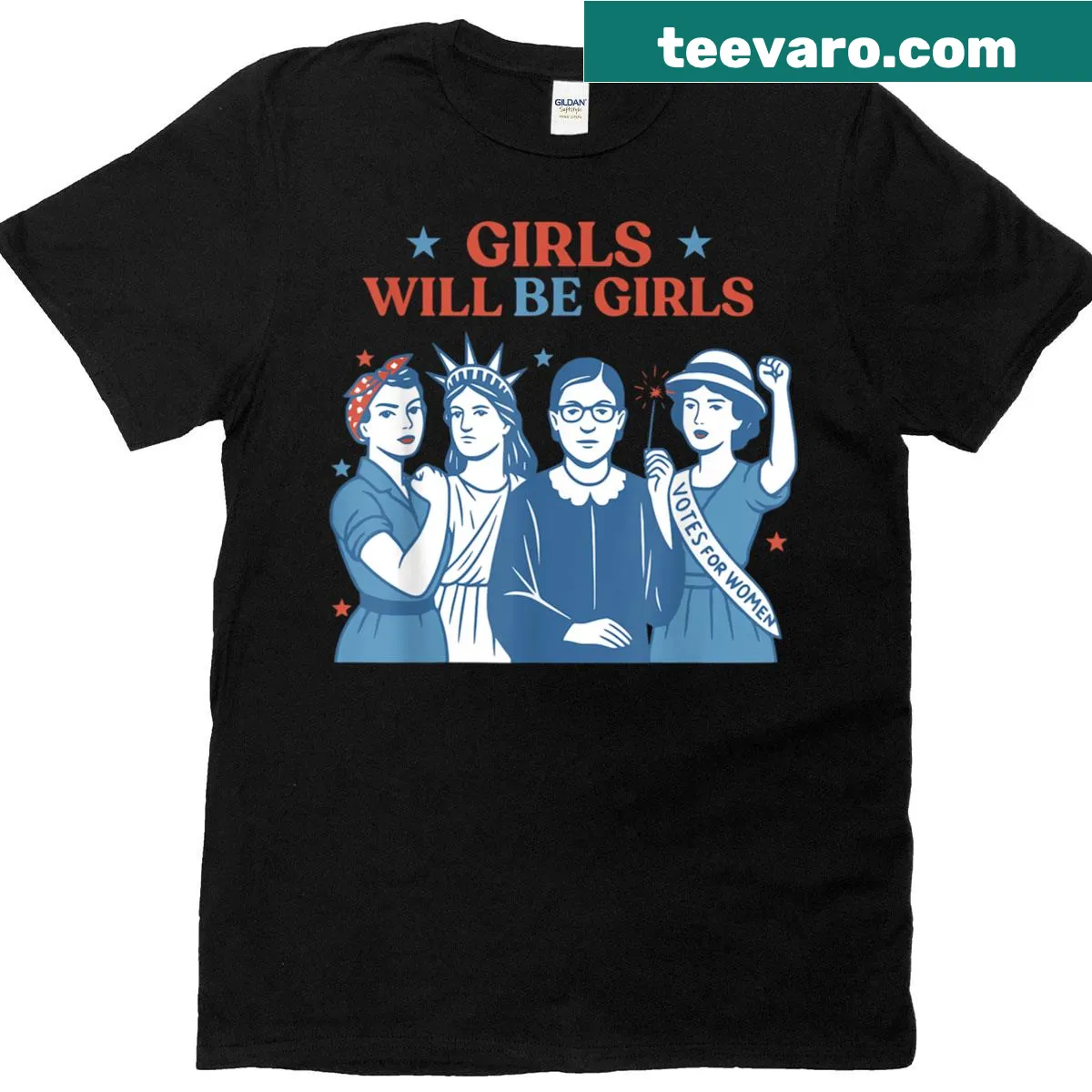 Patriotic women's t-shirt with 'Girl Will Be Girls' text — on a men's t-shirt