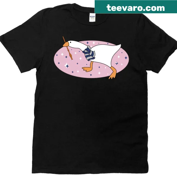 Whimsical goose wizard graphic on a casual T-shirt