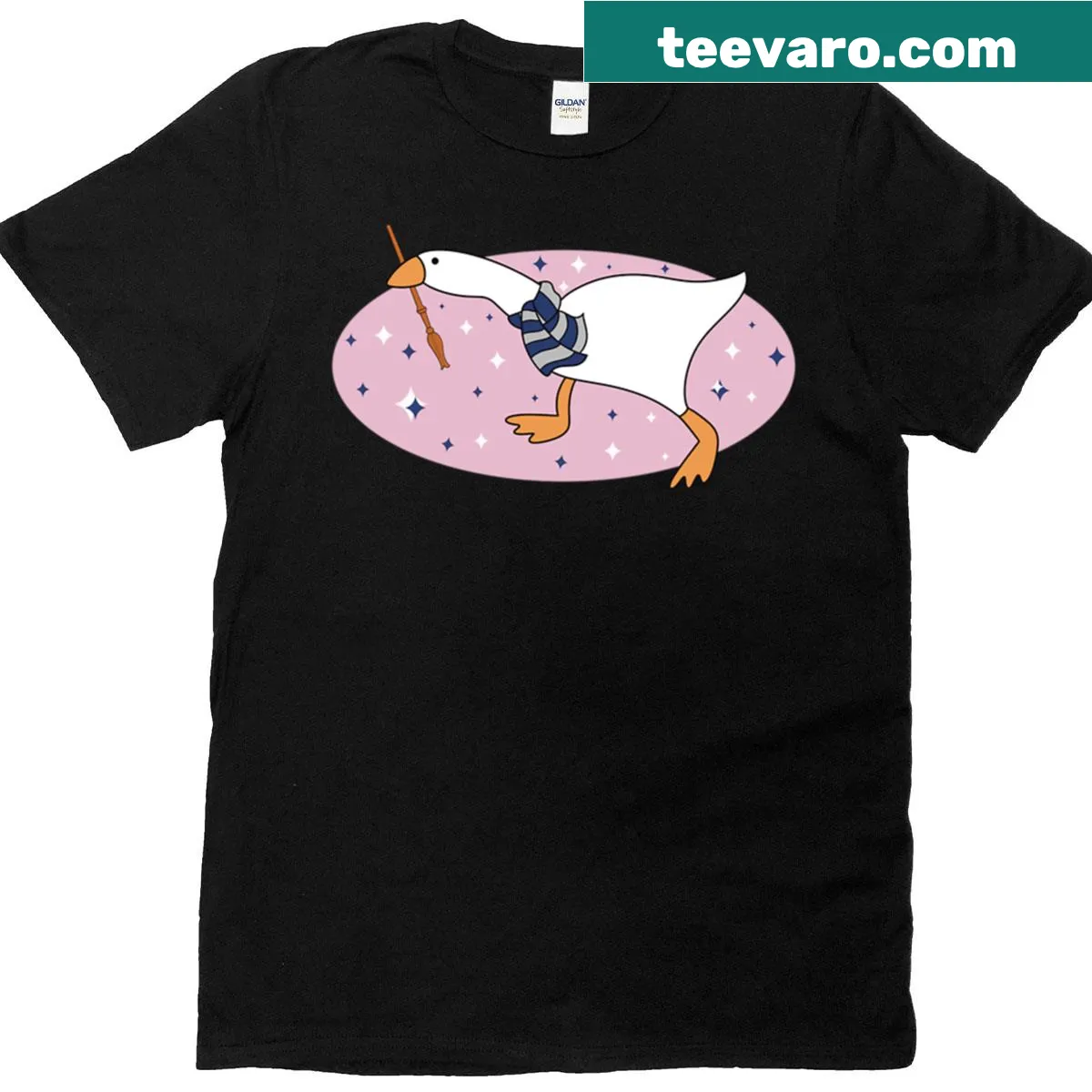 Whimsical goose wizard graphic on a casual T-shirt — on a men's t-shirt