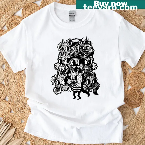 Gothic cartoon monster stack in tattoo style on an oversized T-shirt