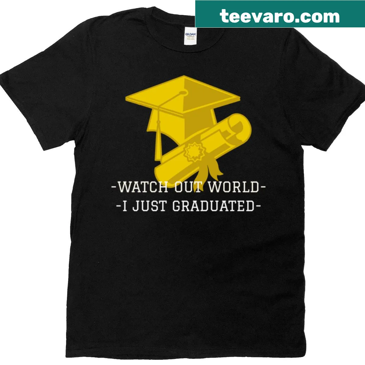 Graduation t-shirt with 'Watch Out World, I’m a Grad' text — on a men's t-shirt