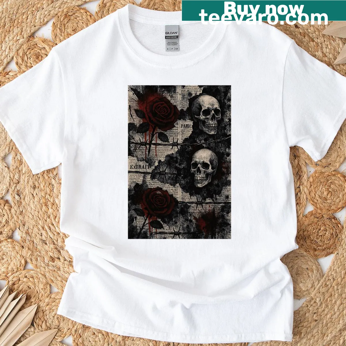 Grunge t-shirt with garden roses and skulls design in a vintage style — on a men's t-shirt