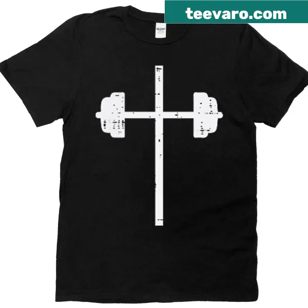 Inspirational workout t-shirt with barbell and cross design