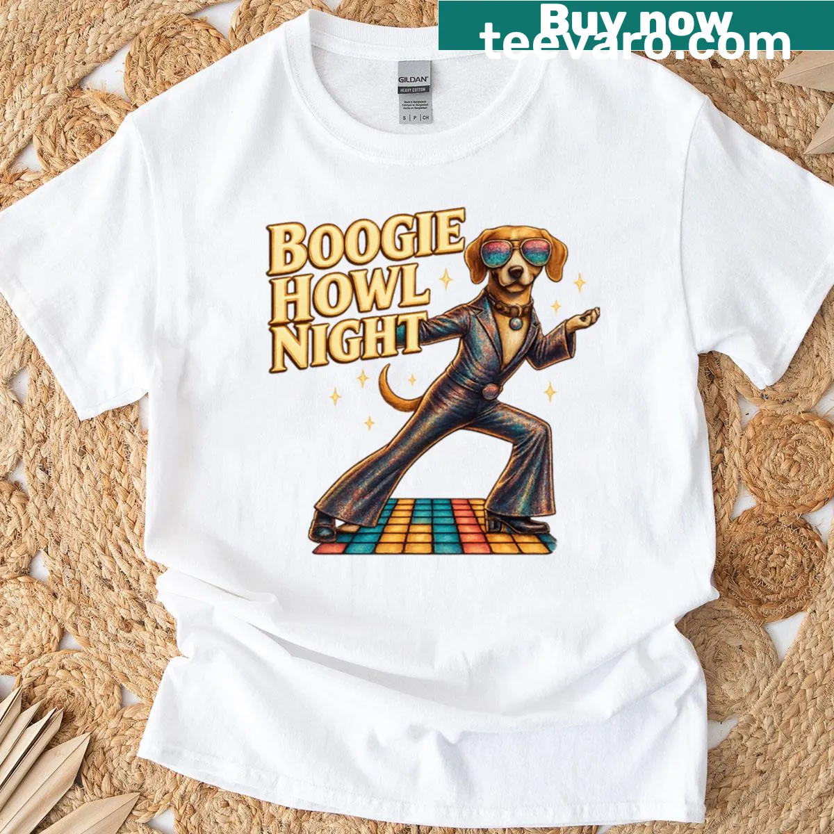 Retro disco dog dancing illustrated on a T-shirt — on a men's t-shirt